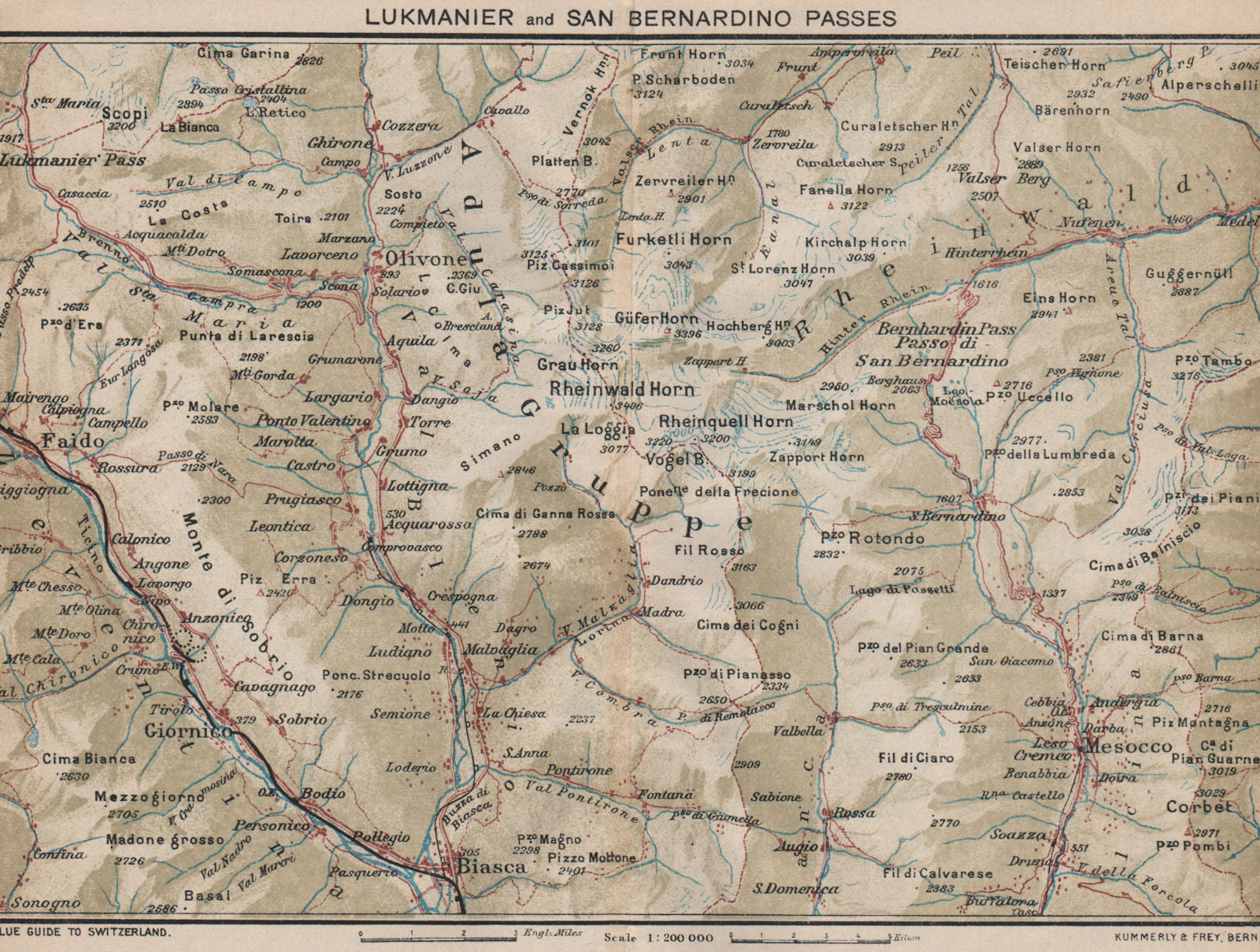 LUKMANIER & SAN BERNARDINO PASSES. Olivoire Biasca Mesocco Nava Ticino 1930 map